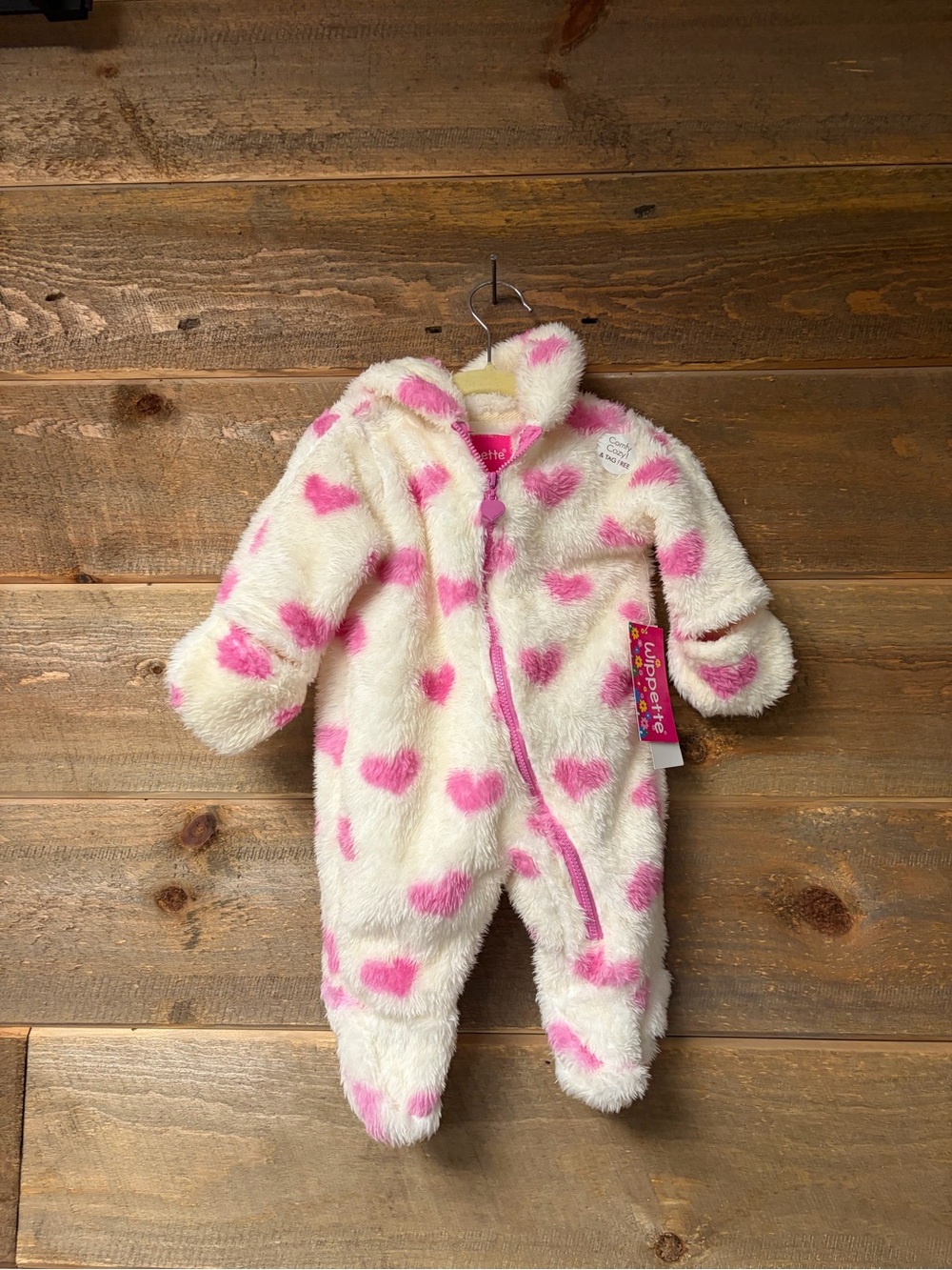 Wippette NWT Pink Heart Hooded Fleece Zip One-Piece Bunting Suit 0-3 Mo
